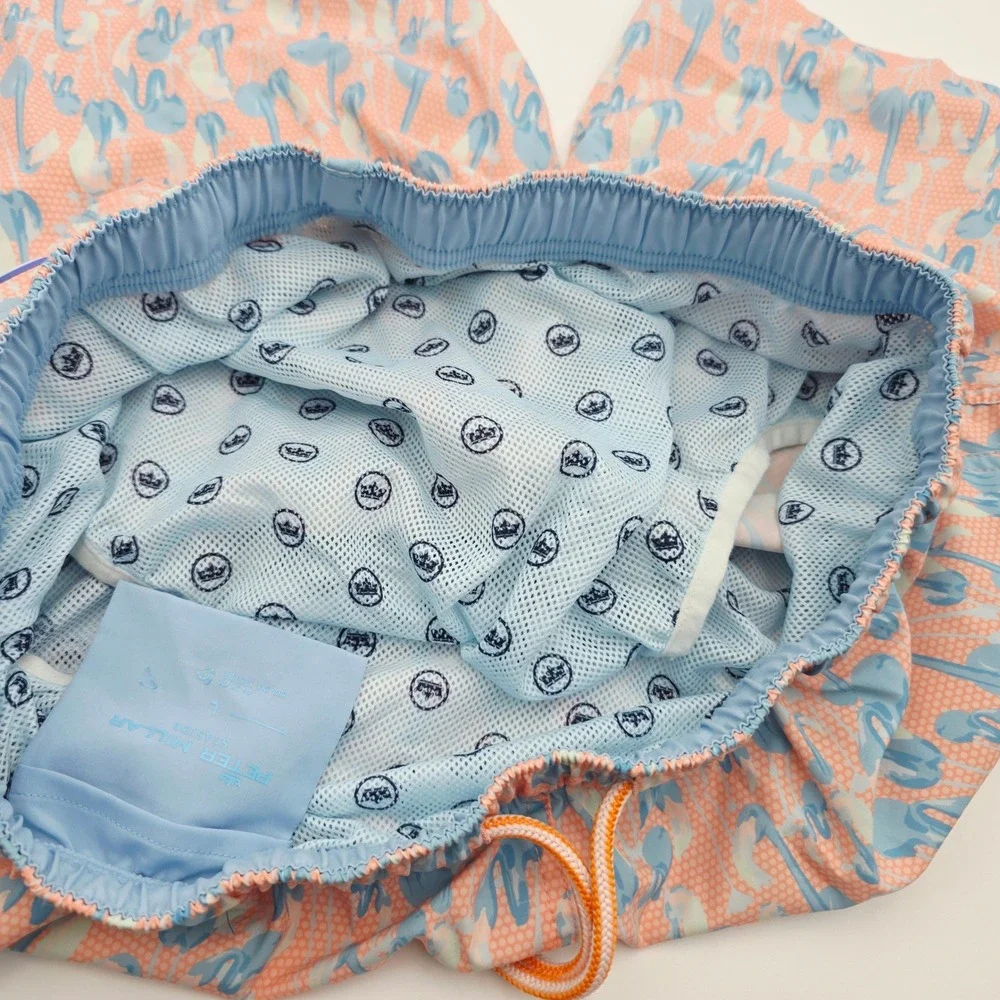 Peter Millar Mens Flamingo Print Swim Trunks Peach Blue Board Shorts Large